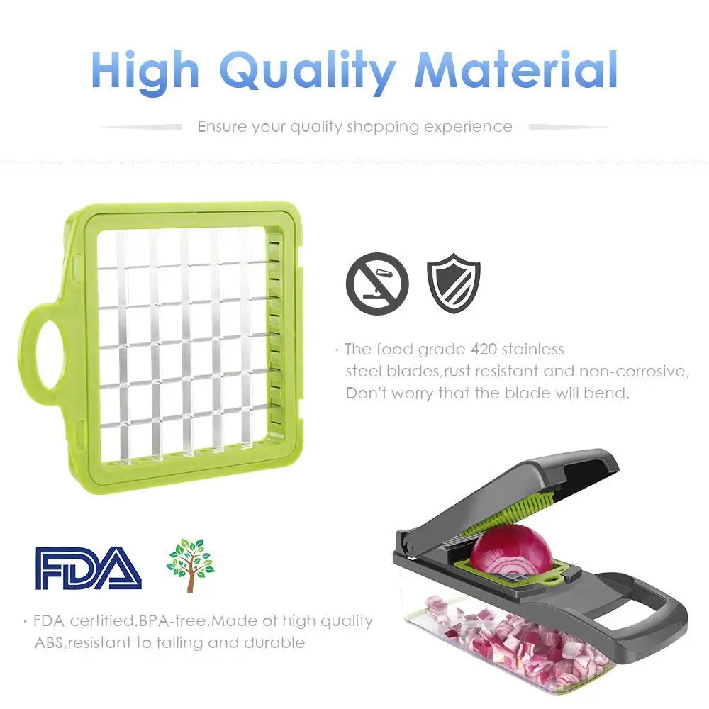 Cut your fruits and vegetables quickly and easily! 🥕🥒🍅 Save time in the kitchen with this convenient multifunctional slicer. Perfect for slicing, chopping, and preparing your favorite foods in seconds!”