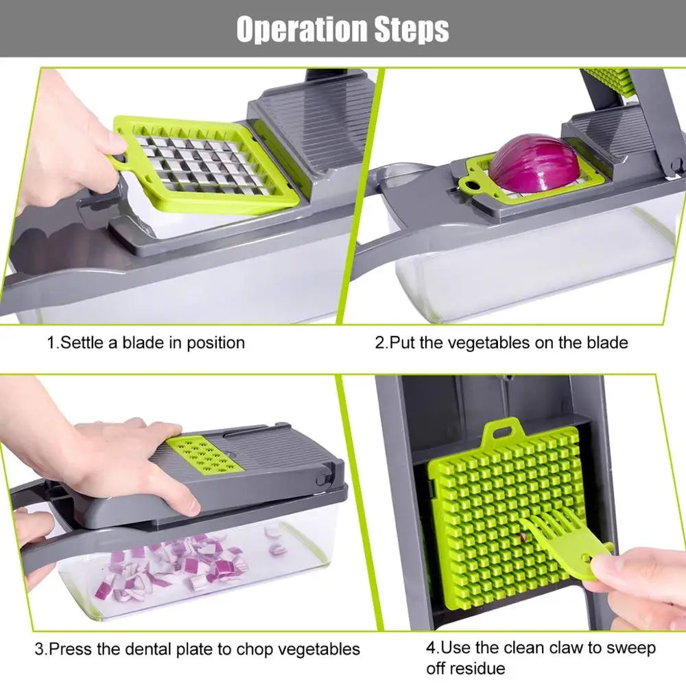 Cut your fruits and vegetables quickly and easily! 🥕🥒🍅 Save time in the kitchen with this convenient multifunctional slicer. Perfect for slicing, chopping, and preparing your favorite foods in seconds!”