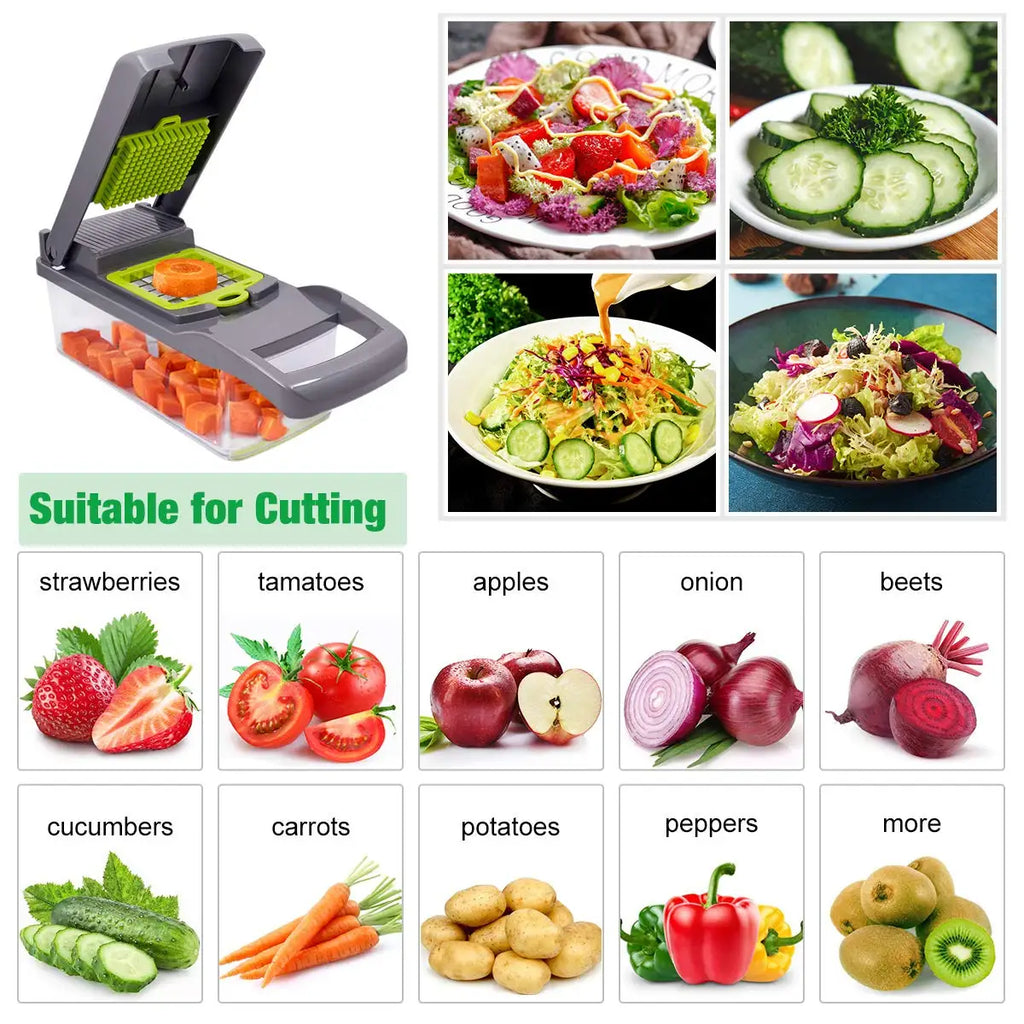 Cut your fruits and vegetables quickly and easily! 🥕🥒🍅 Save time in the kitchen with this convenient multifunctional slicer. Perfect for slicing, chopping, and preparing your favorite foods in seconds!”