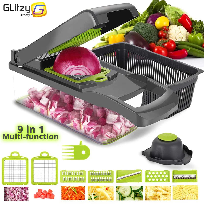 Cut your fruits and vegetables quickly and easily! 🥕🥒🍅 Save time in the kitchen with this convenient multifunctional slicer. Perfect for slicing, chopping, and preparing your favorite foods in seconds!”