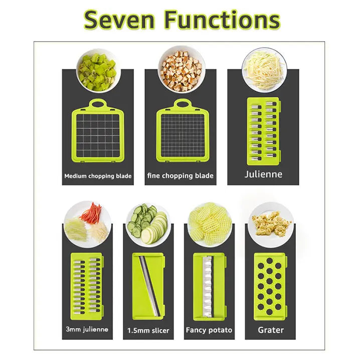 Cut your fruits and vegetables quickly and easily! 🥕🥒🍅 Save time in the kitchen with this convenient multifunctional slicer. Perfect for slicing, chopping, and preparing your favorite foods in seconds!”