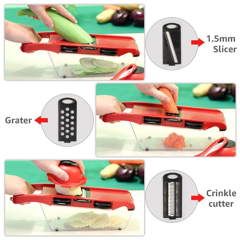 Cut your fruits and vegetables quickly and easily! 🥕🥒🍅 Save time in the kitchen with this convenient multifunctional slicer. Perfect for slicing, chopping, and preparing your favorite foods in seconds!”