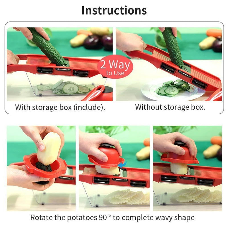 Cut your fruits and vegetables quickly and easily! 🥕🥒🍅 Save time in the kitchen with this convenient multifunctional slicer. Perfect for slicing, chopping, and preparing your favorite foods in seconds!”