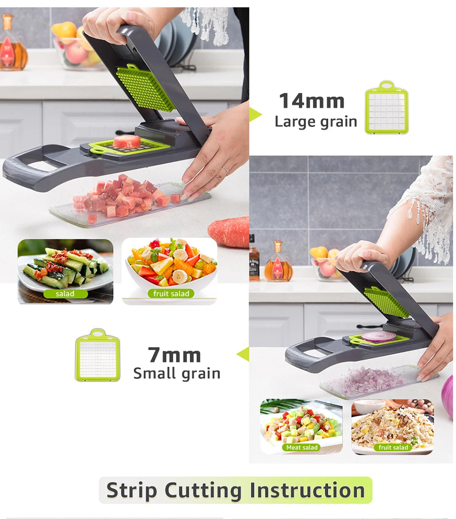 Cut your fruits and vegetables quickly and easily! 🥕🥒🍅 Save time in the kitchen with this convenient multifunctional slicer. Perfect for slicing, chopping, and preparing your favorite foods in seconds!”