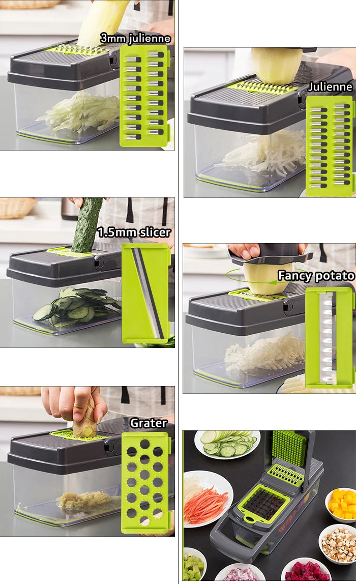 Cut your fruits and vegetables quickly and easily! 🥕🥒🍅 Save time in the kitchen with this convenient multifunctional slicer. Perfect for slicing, chopping, and preparing your favorite foods in seconds!”