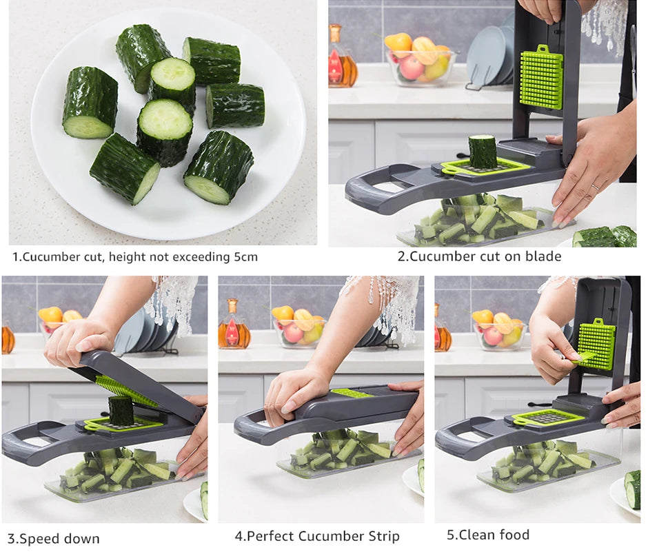 Cut your fruits and vegetables quickly and easily! 🥕🥒🍅 Save time in the kitchen with this convenient multifunctional slicer. Perfect for slicing, chopping, and preparing your favorite foods in seconds!”