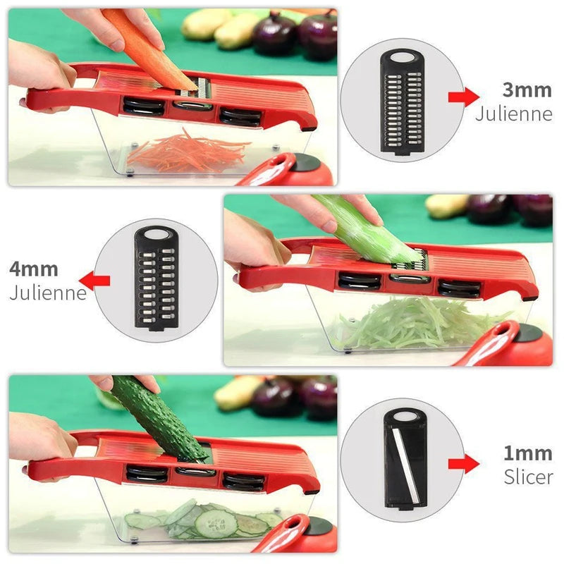Cut your fruits and vegetables quickly and easily! 🥕🥒🍅 Save time in the kitchen with this convenient multifunctional slicer. Perfect for slicing, chopping, and preparing your favorite foods in seconds!”